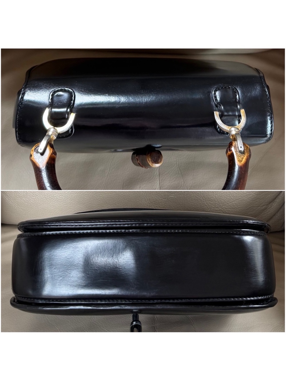 Rare Authentic Vintage Gucci 1947 Black Leather Bamboo Top Handle Turn Lock Bag - Picture 5 of 15